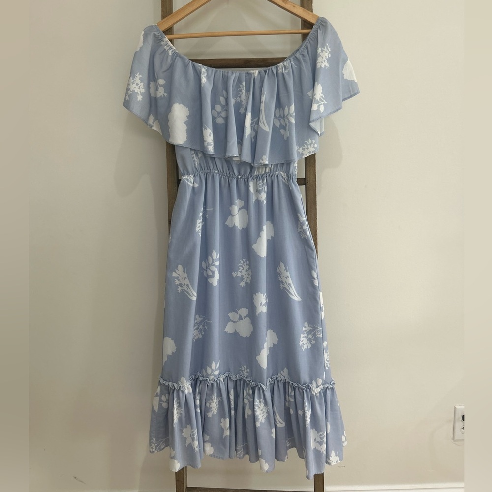 Gianni Bini Trixie Blue Floral Off-Shoulder Ruffle MIDI Dress Size XS Feminine